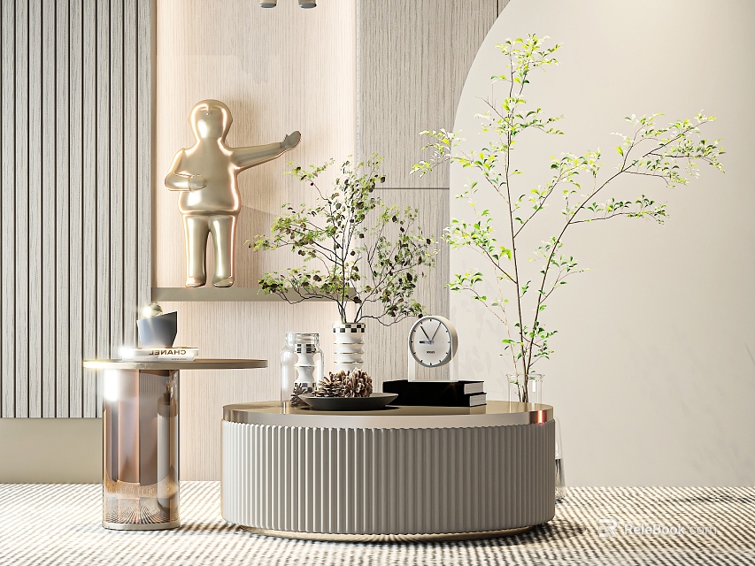Round Ribbed Light Gray Coffee Table With Clear Vase Green Plants And Clock 3d model 