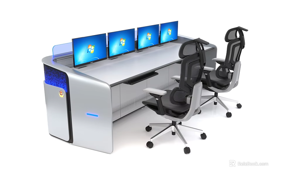 Modern Office Desk Workstation With Multiple Monitors And Two Black Office Chairs 3d model 