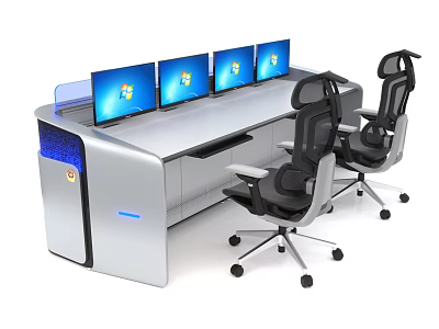 Modern Office Desk Workstation With Multiple Monitors And Two Black Office Chairs 3d model