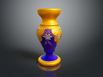 Sculpture Carving Yellow And Blue Vase With Colorful Decorative Floral Patterns 3d model