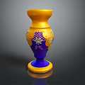 Sculpture Carving Yellow And Blue Vase With Colorful Decorative Floral Patterns