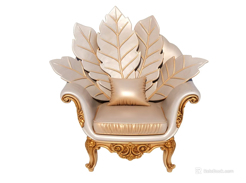Luxurious Unique Shaped Sofa With Leaf Design Golden Carved Legs And Cushion 3d model 