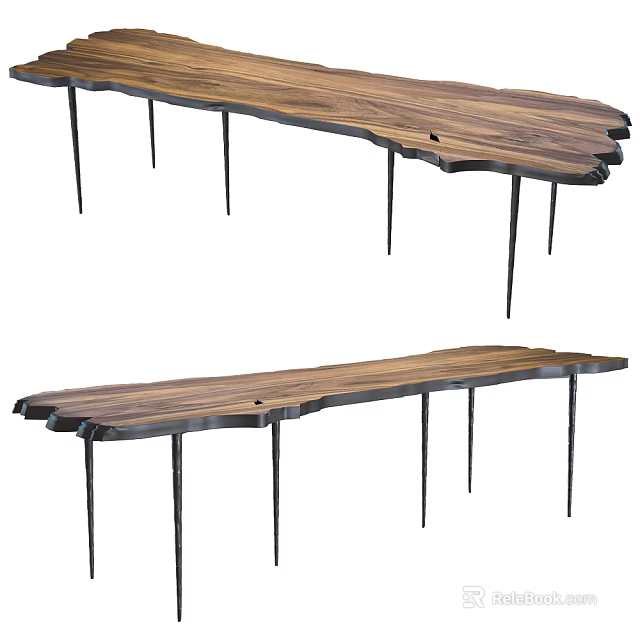 Wooden Dining Table With Natural Edge Solid Wood Top And Thin Metal Legs Design 3d model 