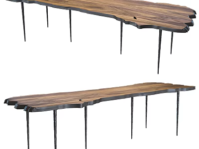 Wooden Dining Table With Natural Edge Solid Wood Top And Thin Metal Legs Design 3d model