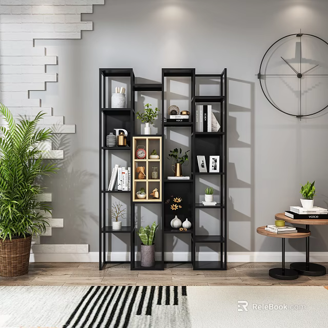 Modern Black Shelving Unit With Plants Books Decor And Frames In Interior 3d model 