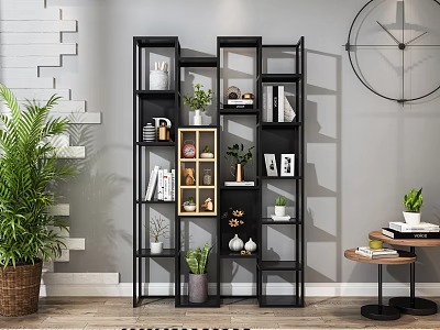 Modern Black Shelving Unit With Plants Books Decor And Frames In Interior 3d model