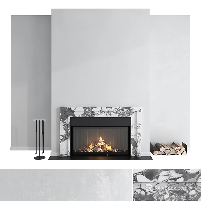 Modern Interior Marble Fireplace With Burning Fire Wood Logs And Fireplace Tools 3d model 