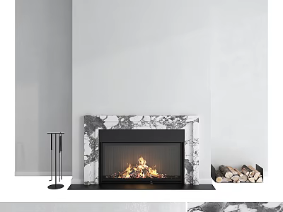 Modern Interior Marble Fireplace With Burning Fire Wood Logs And Fireplace Tools 3d model