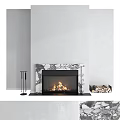 Modern Interior Marble Fireplace With Burning Fire Wood Logs And Fireplace Tools 3d model