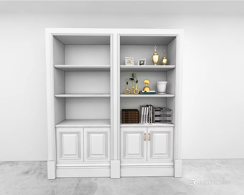 Modern White Wall Cabinets With Open Shelves And Decorative Storage Items 3d model 