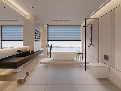 Modern Bathroom Interior Design With Freestanding Bathtub Rainfall Shower And Large Window 3d model