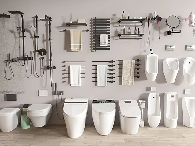 Modern Bathroom Fixture Set With Toilets Urinals Shower Systems Towel Racks And Shelves 3d model