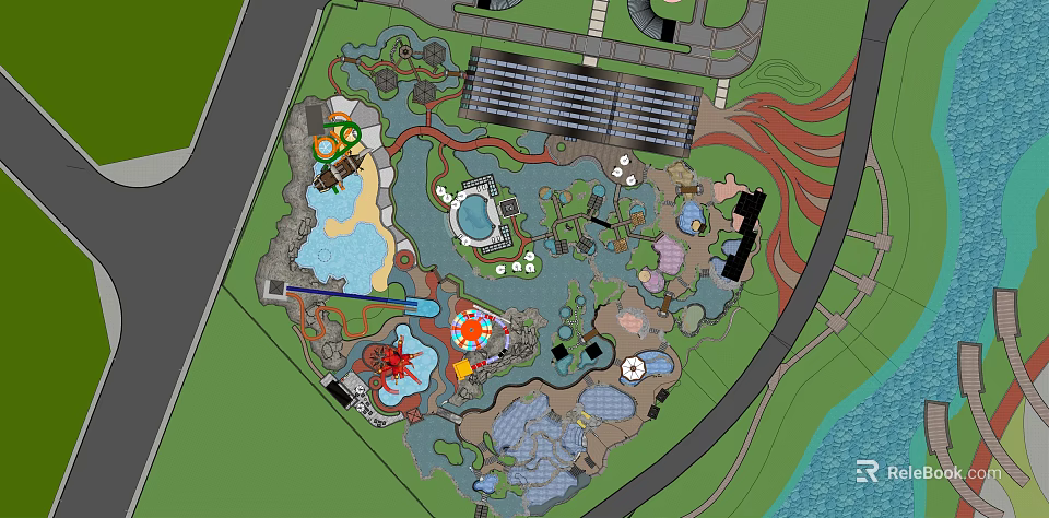 Theme Park Layout Design With Water Pools Play Areas And Pathways 3d model