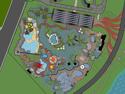 Theme Park Layout Design With Water Pools Play Areas And Pathways 3d model