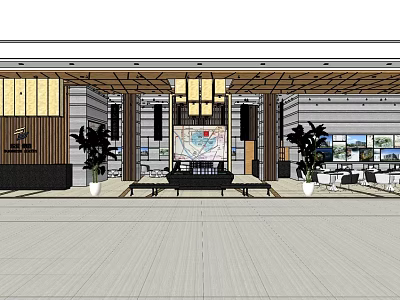 Elegant Modern Hotel Lobby Interior Design With Chandeliers Plants And Wooden Ceiling 3d model
