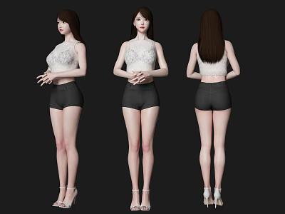 Three Quarter Back Front View Of Woman In White Lace Top And Black Shorts 3d model