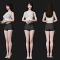 Three Quarter Back Front View Of Woman In White Lace Top And Black Shorts