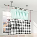 Ceiling Mounted Clothes Hanger With Light Blue Clothes And Plaid Towel 3d model