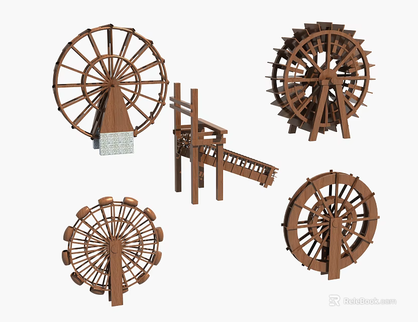 Wooden Water Wheels As Decorative Garden Ornaments With Various Outdoor Designs 3d model 