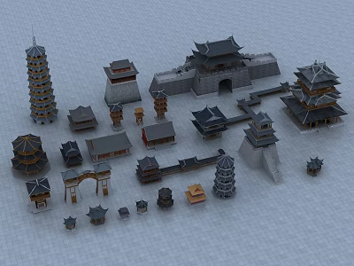 Traditional Chinese Ancient Architecture Models Featuring Pagodas Gate Towers And Various Roof Structures 3d model