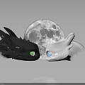 Black and White Dragons With Green and Blue Eyes Facing Each Other Under Full Moon