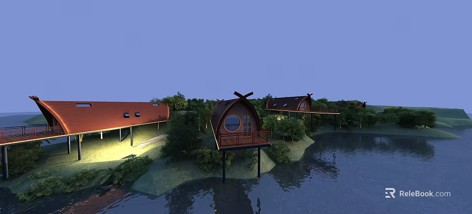 Overwater Cottage Featuring Red Roof Hinged Door Balcony And Trees 3d model 