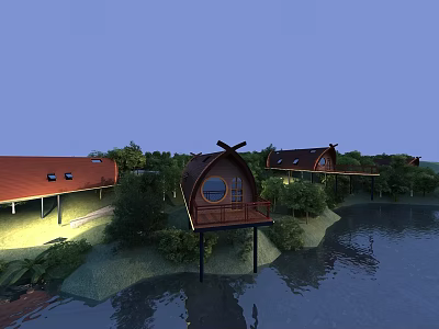 Overwater Cottage Featuring Red Roof Hinged Door Balcony And Trees 3d model