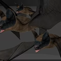 Three Flying Bats with Large Ears Open Wings and Sharp Teeth in Flight