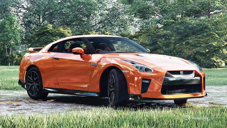 Orange Nissan GT-R Sports Car Parked In Green Grass With Trees Background 3d model 