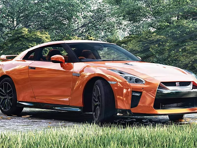 Orange Nissan GT-R Sports Car Parked In Green Grass With Trees Background 3d model