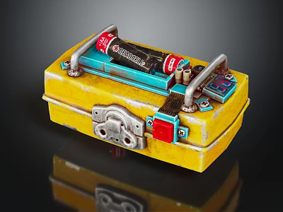 Yellow Homemade Weapon Box Featuring Red Blue Components And Metal Parts 3d model