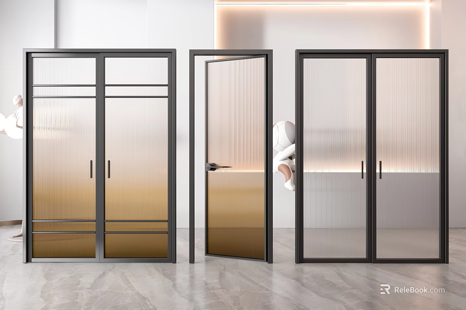 Modern Interior Glass Doors Featuring Black Frames Open Panel And Textured Glass 3d model 