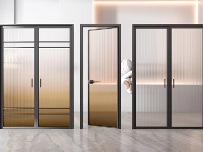 Modern Interior Glass Doors Featuring Black Frames Open Panel And Textured Glass 3d model