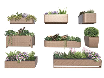 Decorative Flower Planter Boxes with Various Designs and Lush Green Plants for Outdoor Garden Decoration 3d model