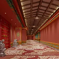 Traditional Chinese Architecture Red Door With Gold Nails Stone Lions And Decorative Beams
