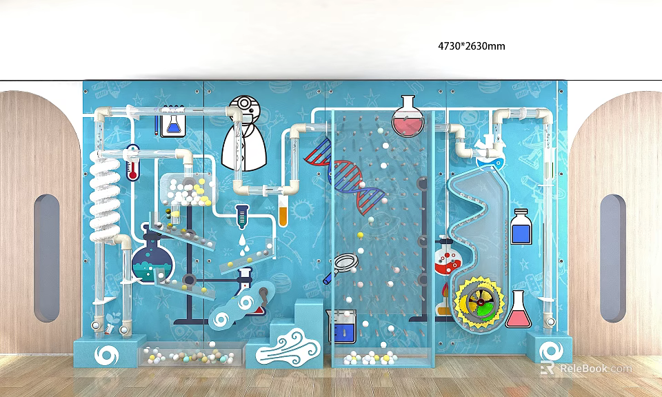 Park Landscape Featuring Science Experiment Themed Blue Wall With DNA And Laboratory Tools 3d model 