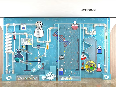 Park Landscape Featuring Science Experiment Themed Blue Wall With DNA And Laboratory Tools 3d model