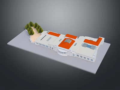 Modern White Building Featuring Red Roof Sections Green Trees Sand Area And Windows 3d model
