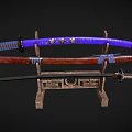 Traditional Samurai Swords Displayed On Wooden Stand With Purple Brown Handles And Decorative Sheaths