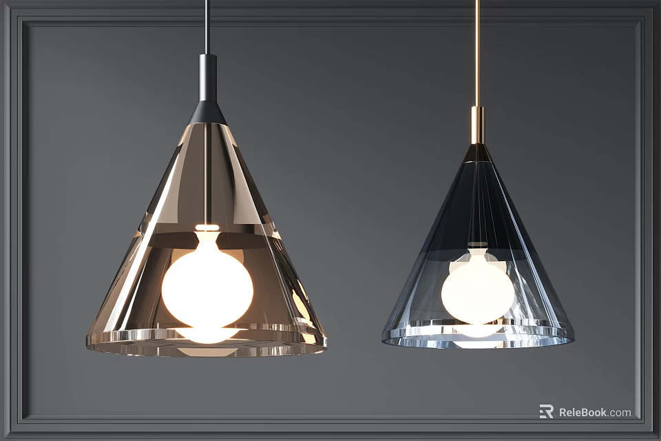 Modern Silver Black Conical Pendant Lights With Metal Frame And Glass Shade 3d model 