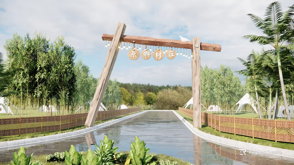 Natural Scenic Wall Design With Wooden Arch And Water Path Surrounded By Trees 3d model 