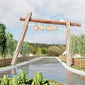 Natural Scenic Wall Design With Wooden Arch And Water Path Surrounded By Trees