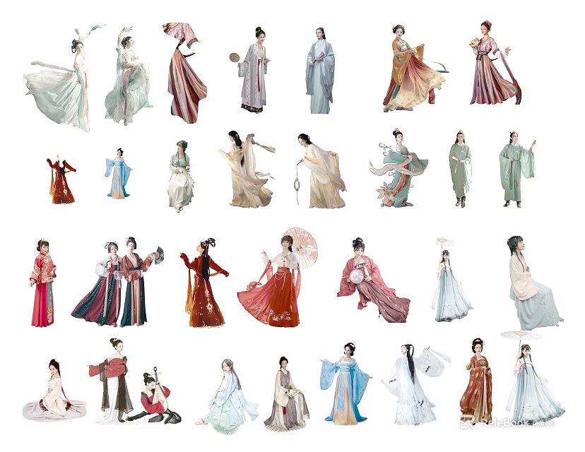 Traditional Chinese Ancient Costumes with Various Styles and Colorful Dresses Robes 3d model 