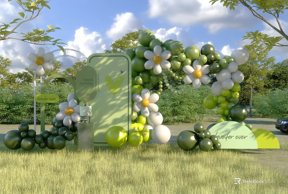 Elegant Swing Door For Outdoor Cake Bar With Green White Balloon Flower Decorations 3d model 