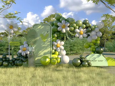 Elegant Swing Door For Outdoor Cake Bar With Green White Balloon Flower Decorations 3d model