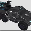 Futuristic Six Wheeled Armored Vehicle With Roof Mounted Gatling Gun Gray Body And Blue Lights