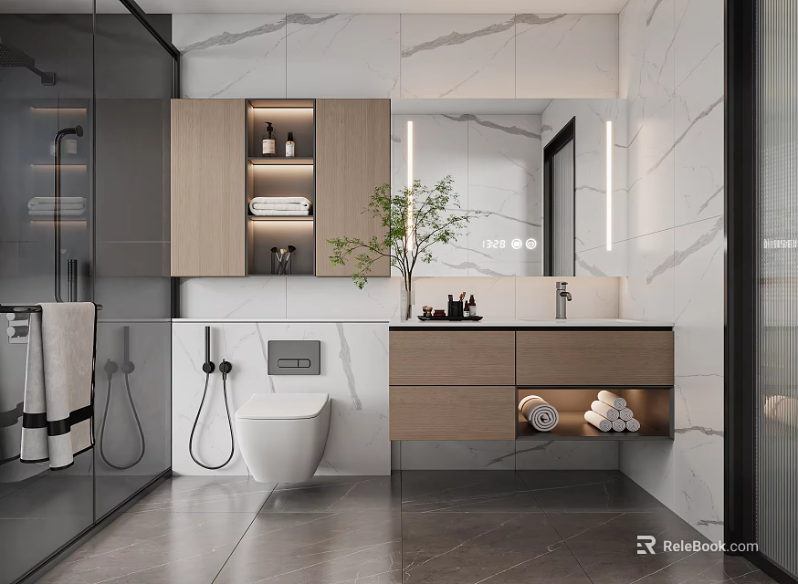 Modern Bathroom With Marble Walls Wooden Cabinets Smart Toilet Shower Mirror And Green Plant 3d model 