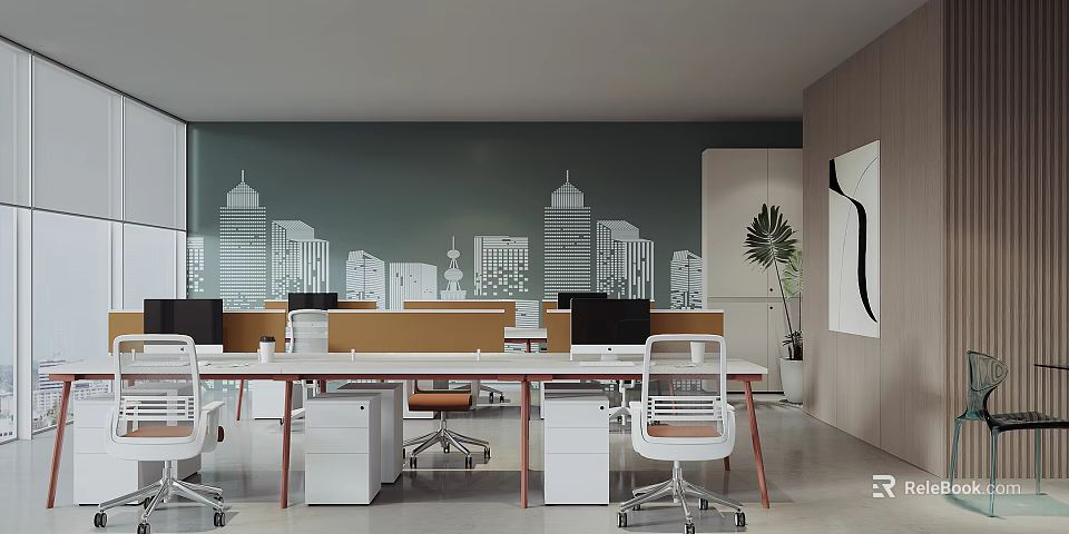 Modern Public Office Space with Open Workstations Desk and Green Plant 3d model