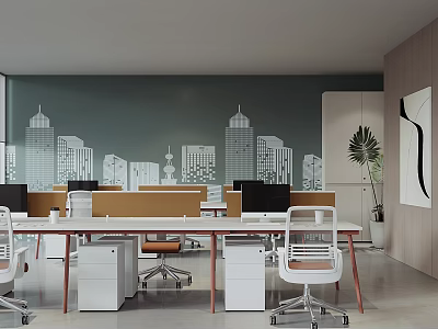 Modern Public Office Space with Open Workstations Desk and Green Plant 3d model