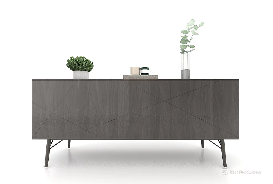 Modern Gray Decorative Cabinet With Geometric Pattern Metal Legs Green Plant Books And Vase 3d model 